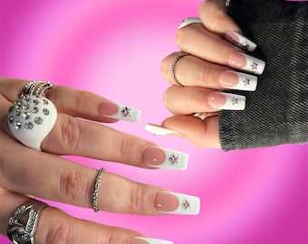 Star Charm Press On Nails: White French Tip Nails