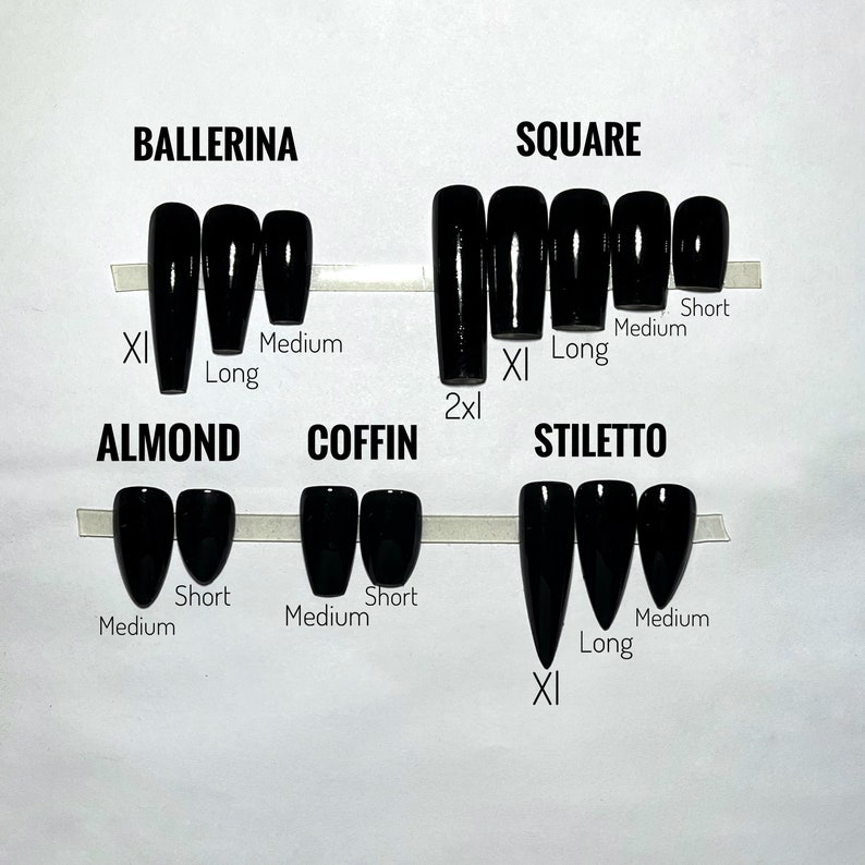 Peut inclure: Un tableau montrant diff&eacute;rentes formes et tailles d'ongles. Les formes comprennent ballerine, carr&eacute;, amande, cercueil et stiletto. Les tailles comprennent court, moyen, long, XL et 2XL.