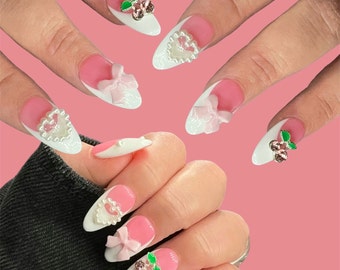 Almond press ons | cherry press on nails | pearl nails | press on nails | press ons | bow nails