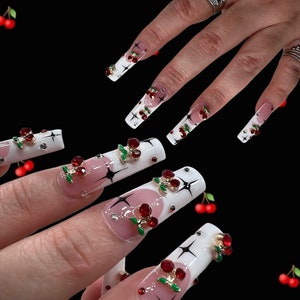 Cherry nails| cherry press ons| cherry charm nails| charm nails| nails| Cute press ons