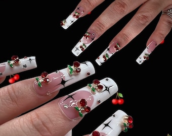 Cherry nails| cherry press ons| cherry charm nails| charm nails| nails| Cute press ons