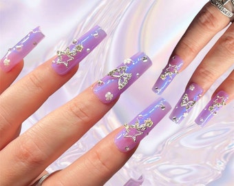 Bling Press on Nails: Long Square Purple Metallic Nails