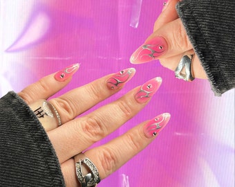 Pink aura press ons | press on nails | almond press ons| pink nails | tribal press ons