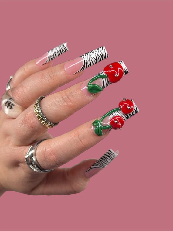 3D Cherry Pierced Press on Nails: Zebra Print Summer Nails - Etsy