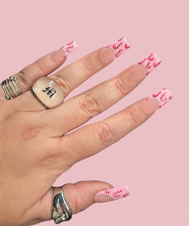 Christmas nails candy cane nails pink Christmas nails press on nails pink press on nails press ons image 1