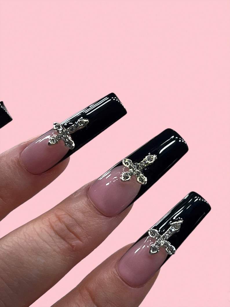 Black French Nails Cross Charm Nails Cross Nails Goth Etsy