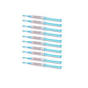 May include: Eight blue and white syringes filled with a clear gel containing small white particles. The syringes are labeled "Magic Smile Labs".