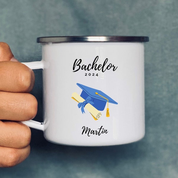 Bachelor Absolventenkappe | 2024 | Abschluss | Keramiktasse | Emaillebecher | personalisierbar | Geschenk I Becher I Tasse I Metallbecher