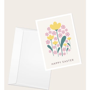 Oeuf de Pâques à motif tulipe Carte de vœux « Joyeuses Pâques » | Fleurs de printemps | Panier de Pâques | Carte de correspondance vierge élégante