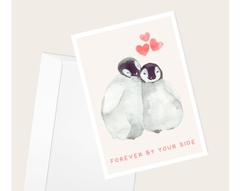 Couple de pingouins câlinant des coeurs « Pour toujours à vos côtés » Carte de vœux | Saint-Valentin | Anniversaire | Carte de correspondance vierge élégante