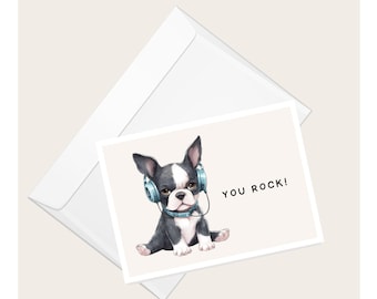 Chiot Boston Terrier avec un casque « You rock ! de voeux | Amoureux des chiens | Amoureux des animaux de compagnie | Carte de correspondance vierge élégante