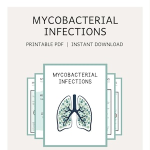 Può includere: Una guida PDF stampabile sulle infezioni micobatteriche, con un grafico di polmoni con cerchi verdi e blu. La guida comprende 31 pagine e 39 immagini.
