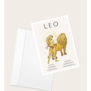 Lew „Lojalny, zainspirowany, pewny siebie, uczciwy, hojny, charyzmatyczny” Karta okolicznościowa | Zodiak | Elegancka pusta kartka z notatkami