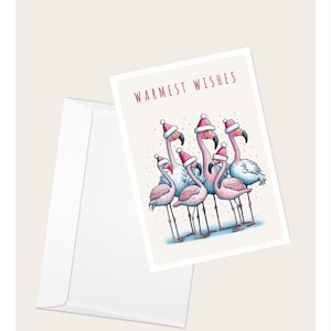 Flamingos usando chapéus de Papai Noel “Warmest Wishes” Cartão de saudação | Cartão de Natal | Cartão de nota em branco elegante