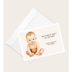 Schattige baby-wenskaart "De manier waarop de natuur zegt dat je huis te netjes is" | Zwangerschap | Babyshower | Babygeboorte | Elegante blanco notitiekaart