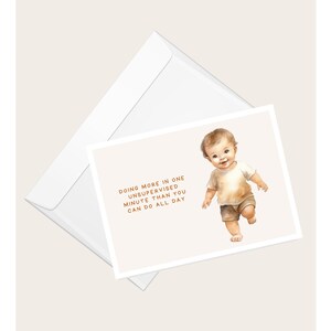 Schattige peuterwenskaart 'meer doen in één minuut zonder toezicht dan je de hele dag kunt doen' | Zwangerschap | Babyshower | Lege notitiekaart