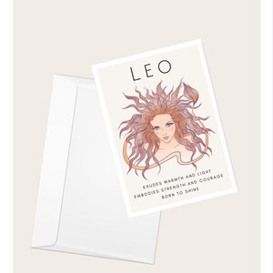 Leeuw "straalt warmte en licht uit, belichaamt kracht en moed, Born to Shine" Wenskaart | Dierenriem | Elegante blanco notitiekaart