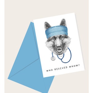 Berger allemand avec un stéthoscope « Qui a sauvé qui ? de voeux | Amoureux des chiens | Amoureux des animaux de compagnie | Carte de correspondance vierge élégante
