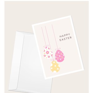 Cartão de saudação “Feliz Páscoa” com enfeites de ovos de Páscoa | Primavera | Bolinhas | Padrões Pastel | Cartão de nota elegante em branco