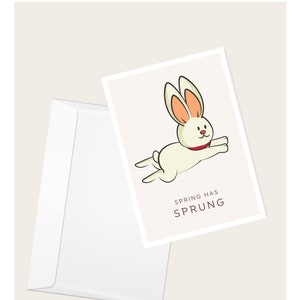 Cartão de saudação do coelho saltitante “A primavera chegou” | Páscoa | Animais e natureza | Cartão de nota elegante em branco