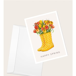 Cartão de saudação “Feliz Primavera” com botas de chuva amarelas e flores | Páscoa | Flores e jardim | Natureza | Roupas e sapatos | Cartão de nota em branco