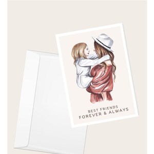 Tarjeta de felicitación con texto “Mejores amigas, por siempre y para siempre” para mujer con niña, día de la madre, cumpleaños, elegante tarjeta en blanco