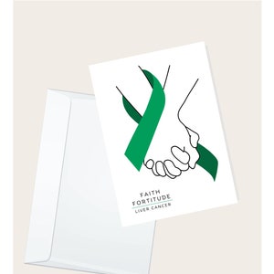 Ruban vert de cancer du foie Carte de vœux « Cancer du foie Faith Fortitude » | Soutien contre le cancer | Chimiothérapie | Carte de correspondance médicale vierge