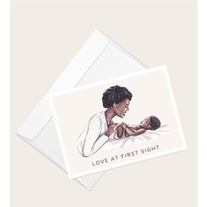 Mulher com bebê “Amor à primeira vista” Cartão de felicitações | Dia das mães | Aniversário | Cartão de nota em branco elegante