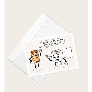 Lege rol toiletpapier zwaait naar vol toiletpapier Wenskaart "Veel succes met je nieuwe baan" | Humoristische kaart | Elegante blanco notitiekaart