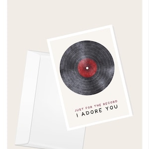 Cartão de saudação de música de vinil “Just For The Record I Adore You” | Dia dos Namorados | Aniversário | Amor e Romance | Cartão de nota em branco elegante