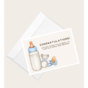 Blauwe babyfles rammelaar fopspeen "Gefeliciteerd" wenskaart | Zwangerschap | Babyshower | Babygeboorte | Elegante blanco notitiekaart