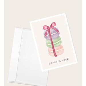 Cartão de saudação “Feliz Páscoa” de biscoitos de macaron | Primavera | Assando | Confeitos | Sobremesas | Cartão de nota em branco elegante