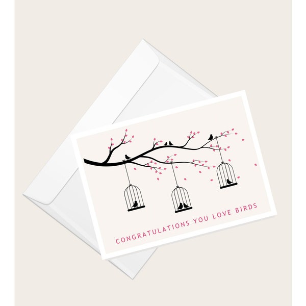 Love Birds In A Cage Hanging From A Branch “Congratulations You Love Birds” Greeting Card | Engagement | Wedding | Blank Note Card
