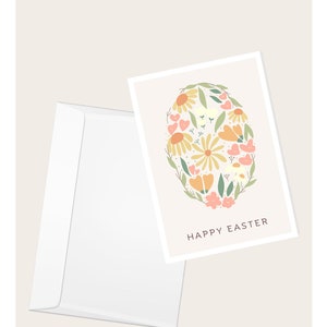 Cartão de saudação “Feliz Páscoa” com padrão de flor amarela | Flores da primavera | Cesta de Páscoa | Cartão de nota elegante em branco