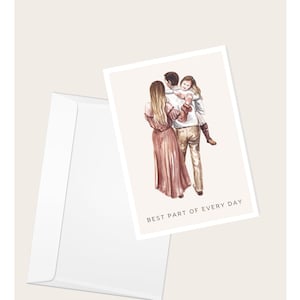 Tarjeta de felicitación con la frase “La mejor parte de cada día”: Mujer y hombre con niña / Día de la madre / Día del padre / Tarjeta en blanco
