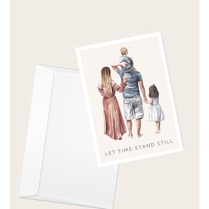 Tarjeta de felicitación con texto “Deja que el tiempo se detenga” para el Día de la Madre, el Día del Padre y el Día de la Madre con un hombre y una niña
