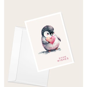 Tarjeta de felicitación con un pingüino bebé sosteniendo un corazón: “Cálidos deseos” / Día de San Valentín / Cumpleaños / Aniversario / Elegante tarjeta en blanco