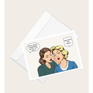 Des femmes vintage qui parlent « Combien de maris avez-vous eu ? En plus du mien ? de voeux | Anniversaire | Fête des Mères | Carte de correspondance vierge humoristique