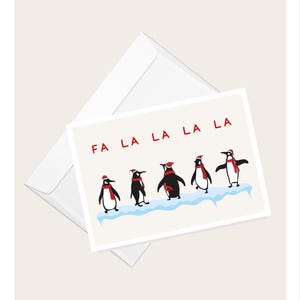 Pinguins dançantes com chapéus de Papai Noel “Fa La La La La” Cartão de felicitações | Cartão de Natal humorístico | Cartão de nota em branco elegante