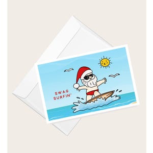 Cartão de saudação "Swag Surfin" do Papai Noel surfista | Cartão de Natal humorístico | Cartão de nota elegante em branco