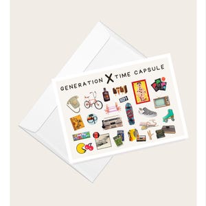 Pamiątkowa kolażowa kartka z życzeniami „Generation X Time Capsule” | Urodziny | Rocznica | Ukończenie studiów | Emerytura | Humorystyczna pusta kartka z notatkami