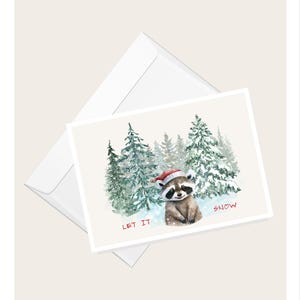 Guaxinim com chapéu de Papai Noel em uma paisagem de inverno “Let It Snow” Cartão de felicitações | Cartão de Natal | Cartão de nota em branco elegante