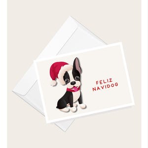 Chien Boston Terrier avec bonnet de Noel « Feliz Navidog » Carte de vœux | Carte de Noël humoristique | Carte de correspondance vierge élégante