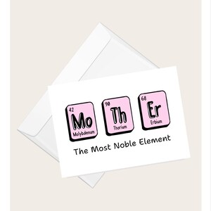 Può includere: Un biglietto di auguri bianco con la parola "MOTHER" scritta con elementi della tavola periodica. Il biglietto presenta quadrati rosa con simboli e nomi di elementi e la frase "The Most Noble Element".
