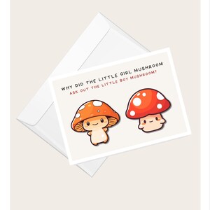 Couple champignon « Pourquoi la petite fille champignon a-t-elle demandé au petit garçon champignon ? Carte de voeux humoristique | Carte de correspondance vierge