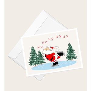 Cartão de felicitações “Ho Ho Ho Ho Ho” do Papai Noel patinador no gelo | Cartão de Natal bem-humorado | Cartão de nota em branco elegante