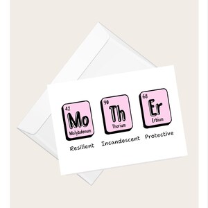 Può includere: Un biglietto di auguri bianco con un design a tabella periodica rosa e una busta bianca. Il biglietto presenta gli elementi Mo, Th ed Er, con le parole "Resiliente", "Incandescente" e "Protettivo" sotto.
