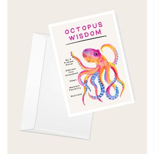 Tarjeta de felicitación "Sabiduría del Pulpo" / Tarjeta inspiradora / Palabras sabias / Amante de los animales / Cumpleaños / Elegante tarjeta en blanco con notas sobre la naturaleza