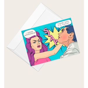 meppende vrouw humoristische wenskaart 'Thank God It's Friday' | Stripboek | Verjaardag | Pensioen | Cadeau voor collega | Lege notitiekaart