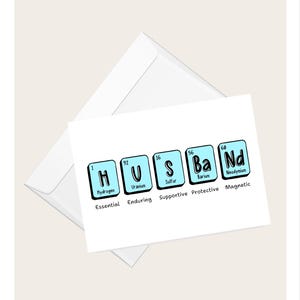 Può includere: Un biglietto di auguri bianco con la parola "Husband" scritta usando elementi della tavola periodica. Il biglietto è in una busta bianca. Gli elementi sono idrogeno, uranio, zolfo, bario e neodimio.